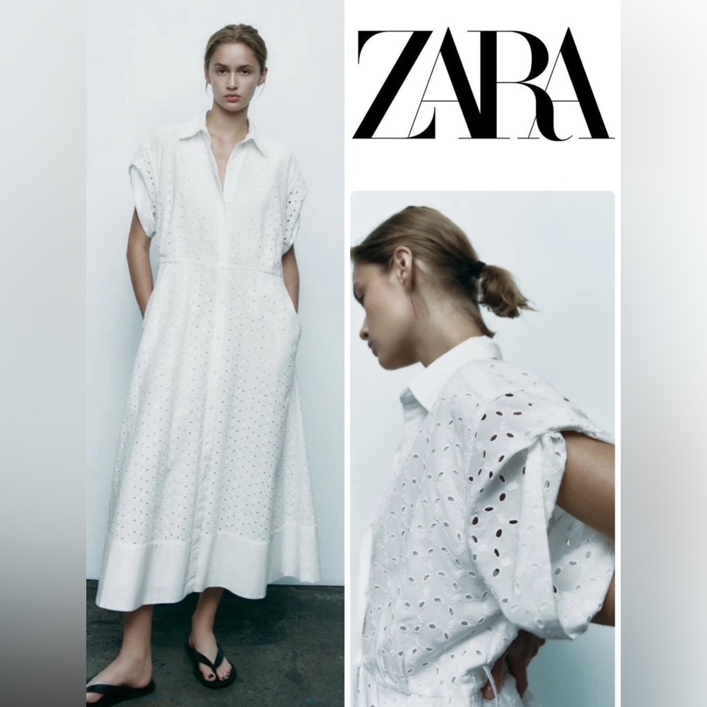 ZARA EMBROIDERED MIDI DRESS BELTED White Eyelet Dress